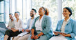 © Clement C/peopleimages.com - Interview, question and training with a business black woman raising her hand to answer during a meeting. Recruitment, human resources and hiring with a candidate group sitting in a row at an office