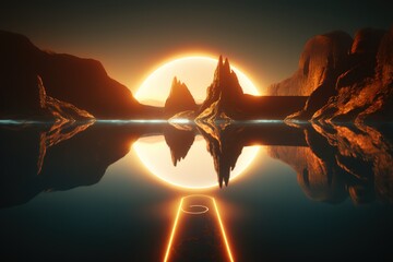 Aufkleber - Fantastic landscape at sunset.Beautiful magical, fantastic illustration. Mysterious magic. AI