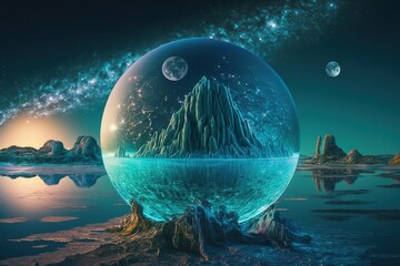 Aufkleber - A fantastic ball with a mountain and a moon.Beautiful magical, fantastic illustration. Mysterious magic. AI