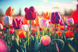 Close up tulips in a colorful field in spring. Sunny day with flowered meadow landscape at sunset golden hour. Yellow, pink, red and orange tulips. Generative AI.