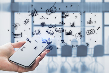 Poster - Close up of female hand holding cellphone with digital business sketch and money drawing on blurry office interior background. Market, success, management and investment concept.