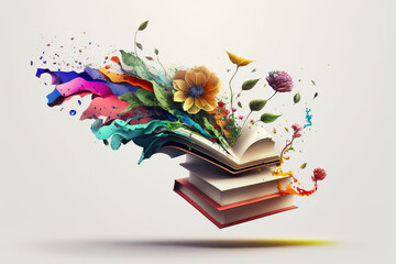open book with fantastic levitation glowing colorful flowers splash on white background, beautiful, 