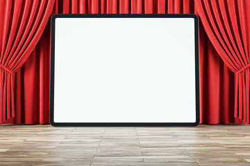 Poster - Front view on huge digital tablet blank white screen with space for your web design or landing web page on wooden floor and on red backstage curtain background, online movie. 3D rendering, mock up