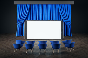 Poster - Online cinema concept with front view on blank white huge smartphone screen with space for your web site or logo brand in front of chairs on blue backstage curtain background. 3D rendering, mock up