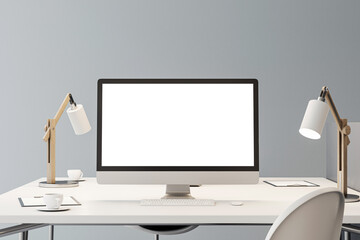 Front view on blank white modern computer monitor with place for your logo or text on white work table with stylish lamps on light grey wall background. 3D rendering, mock up