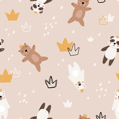 Wall Mural - Cute kids bear seamless pattern. Cartoon bears characters like panda, koala, grizzly, polar, sloth. Scandinavian flat style, baby design for cards, posters, t-shirt print.