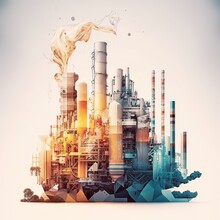 Illustration Oil And Gas Plant With Shipping Loading Dock At Twilight.Processing Oil Product Building Of Chemical Petroleum Factory, Heavy Industrial Sector. Generative Ai