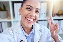 Woman, Portrait Smile And Peace Sign For Selfie, Profile Picture Or Fun Vlog In Success At Office. Happy Female Smiling For Photo Showing Emoji, Sign Or Friendly Symbol In Social Media Post At Work