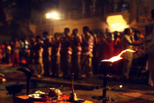 Ganga Aarti Ceremony Held On Edge Of Ganges River, Varanasi, Uttar Pradesh, India