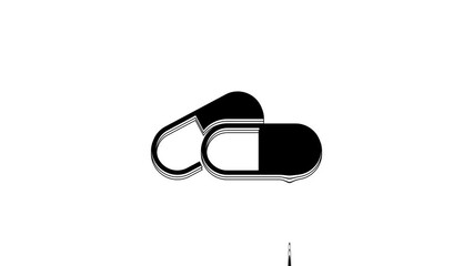 Poster - Black Medicine pill or tablet icon isolated on white background. Capsule pill and drug sign. Pharmacy design. 4K Video motion graphic animation