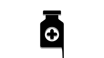 Sticker - Black Medicine bottle icon isolated on white background. Bottle pill sign. Pharmacy design. 4K Video motion graphic animation