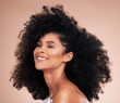 © Mumtaaz D/peopleimages.com - Black woman, afro hair or skincare glow on studio background in empowerment pride, curly texture or healthy growth. Beauty model, happy or natural hairstyle and makeup aesthetic on isolated spa wall