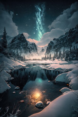 Wall Mural - Winterlandschaft bei Nacht mit See in den Bergen Abstrakt Illustration Generative AI Digital Art Background Hintergrund Cover 