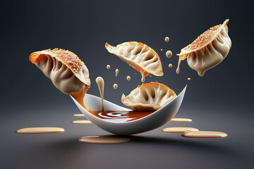 Japanese style fried Gyoza (Jiaozi in Chinese, Chinese dumplings) falling into Authentic Japanese Gyoza Dipping Sauce (gyoza no tare) with dynamic splash and bouncing. Made with Generative AI