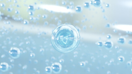 Poster - 3D rendering Cosmetics Blue Serum bubbles on defocus background. Collagen bubbles Design. Moisturizing Essentials and Serum Concept. Vitamin for health care and beauty concept. 