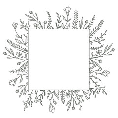 Wall Mural - Elegant floral frame. Hand drawn flowers for logo template in line art. Vintage botanical wreath. illustration for label, branding, wedding invitation