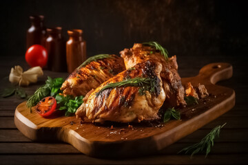 Wall Mural - Roasted whole chicken on wooden cutting board. Delicious Grilled chicken. Whole roasted chicken. generative AI
