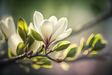 Magnolia Tree Blossom In Springtime. Magnolia Flowers In The Morning Light. Spring Background, Abstract Banner, Green Blurred Bokeh Lights, Beautiful Nature Scene. Generative AI 
