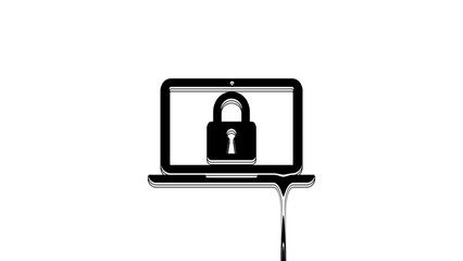 Poster - Black Laptop and lock icon isolated on white background. Computer and padlock. Security, safety, protection concept. Safe internetwork. 4K Video motion graphic animation