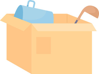 Poster - Moving cartoon box with kitchenware and cookware semi flat color vector object. Editable icon. Full sized item on white. Simple cartoon style spot illustration for web graphic design and animation