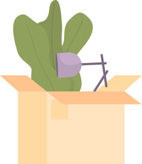 Poster - Shipping cardboard box with houseplant and lamp semi flat color vector object. Editable icon. Full sized item on white. Simple cartoon style spot illustration for web graphic design and animation
