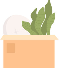 Poster - Packing carton box with cushion and houseplant semi flat color vector object. Editable icon. Full sized item on white. Simple cartoon style spot illustration for web graphic design and animation