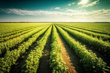 Green ripening soybean field,  Soy agriculture, agricultural landscape. Agricultural soy plantation on field with sunset. generative ai