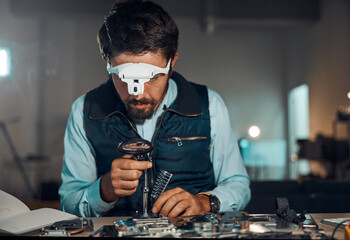 Poster - Technician, engineer and IT professional repair motherboard, microcircuit or electronic device in a workshop or shop. Person, man and guy fixing hardware of a computer for technology in a lab