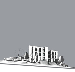 Poster - 3d illustration of a three storey residential block. Architectural perspective from street level. Building in a sloped road raised with stairs in front. White apartment with light grey background sky.