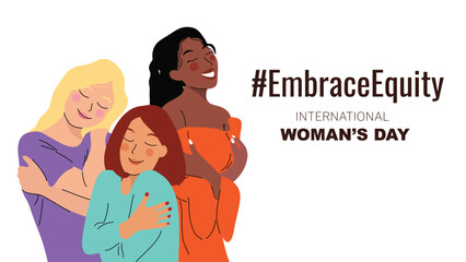 international women's day banner vector. embrace equity hashtag slogan with hand drawn women charact