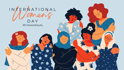 international women's day banner vector. embrace equity hashtag slogan with hand drawn women charact