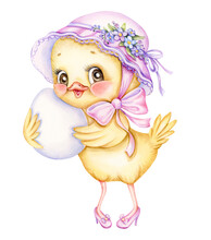 Funny Lady Chick In A Vintage Hat Decorated With Flowers Holds An Easter Egg. Cute Baby Chicken Hand Drawn Watercolor Illustration. Ideal For Greeting And Invitation Easter Cards