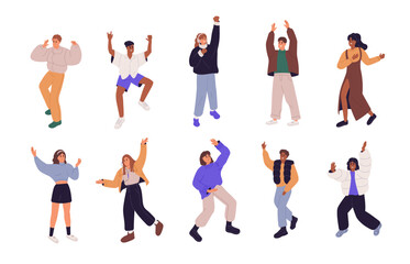 Wall Mural - Happy people dancing to music set. Young energetic dancers, excited smiling men, women with joy, fun emotions. Girls and guys at disco party. Flat vector illustrations isolated on white background