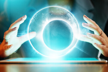 Poster - closeup, woman with tablet and hands with hologram, global communication and networking for business