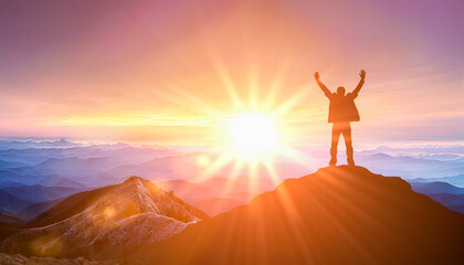 man standing at top of mountain as sun begins to set. success business leadership. goals, hopes and 
