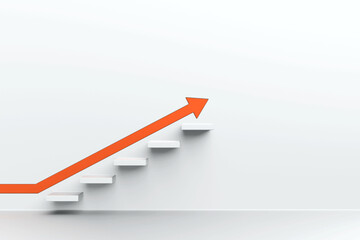 Wall Mural - Orange arrow with white stair on white wall background, 3D arrow climbing up over a staircase , 3d rendering