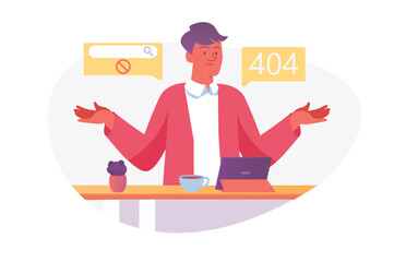 Aufkleber - Asian concept 404 not found with people scene in the flat cartoon design. Programmer works to solve problems in a tablet. Vector illustration.
