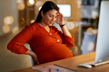 Poster - Pregnant, headache and business woman in office for working on project, strategy deadline and planning. Maternity leave, pregnancy and tired female worker with fatigue, stressed and burnout at desk