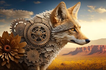 Wall Mural - glistening gears and whirring cogwheels: a coyote's dream come true generative ai