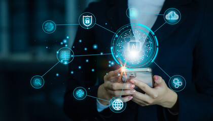 Poster - Digital Artificial intelligence AI machine learning Business Technology Internet Network Concept. Businesswoman using smartphone connecting ai.