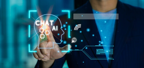 Poster - Businessman hand touch digital chatbot an assistant conversation access to data growth of business in online network, Robot application and global connection, AI, Artificial intelligence. Technology.
