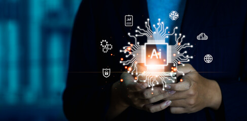 Fototapete - Digital Artificial intelligence AI Business Technology Internet Network Concept. Businessman using smartphone connecting AI on blurred background.