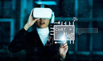 Poster - Metaverse digital cyber world technology, businesswoman with virtual reality VR goggle using chat AI on virtual screen, futuristic metaverse business ideas