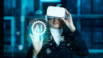 Poster - Metaverse digital cyber world technology, businesswoman with virtual reality VR goggle touching AI icon on virtual screen, futuristic metaverse business ideas