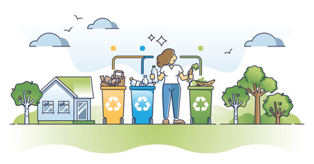 Recycling and reducing waste with trash or garbage separation outline concept. Paper, plastic and organic rubbish containers for material utilization vector illustration. Sustainable eco lifestyle.