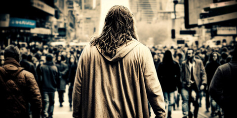 Wall Mural - Jesus walking in a modern city with back view among the crowds. Generative AI illustration