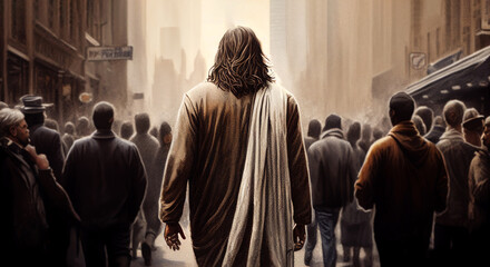 Wall Mural - Jesus walking in a modern city with back view among the crowds. Generative AI illustration