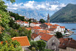 Scenic aerial panorama of the old town of Perast in Montenegro