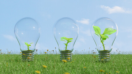 Wall Mural - Tree growing in light bulb different growth and different step. On grass and clear sky. Environment and Energy concept, 3D Render.