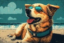 Cool Old Vintage Look Of A Dog In A Beach Generative Ai